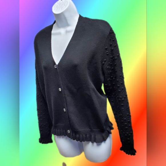 Black Sweater Short Cardigan Puff Pom Sleeves - Picture 4 of 13